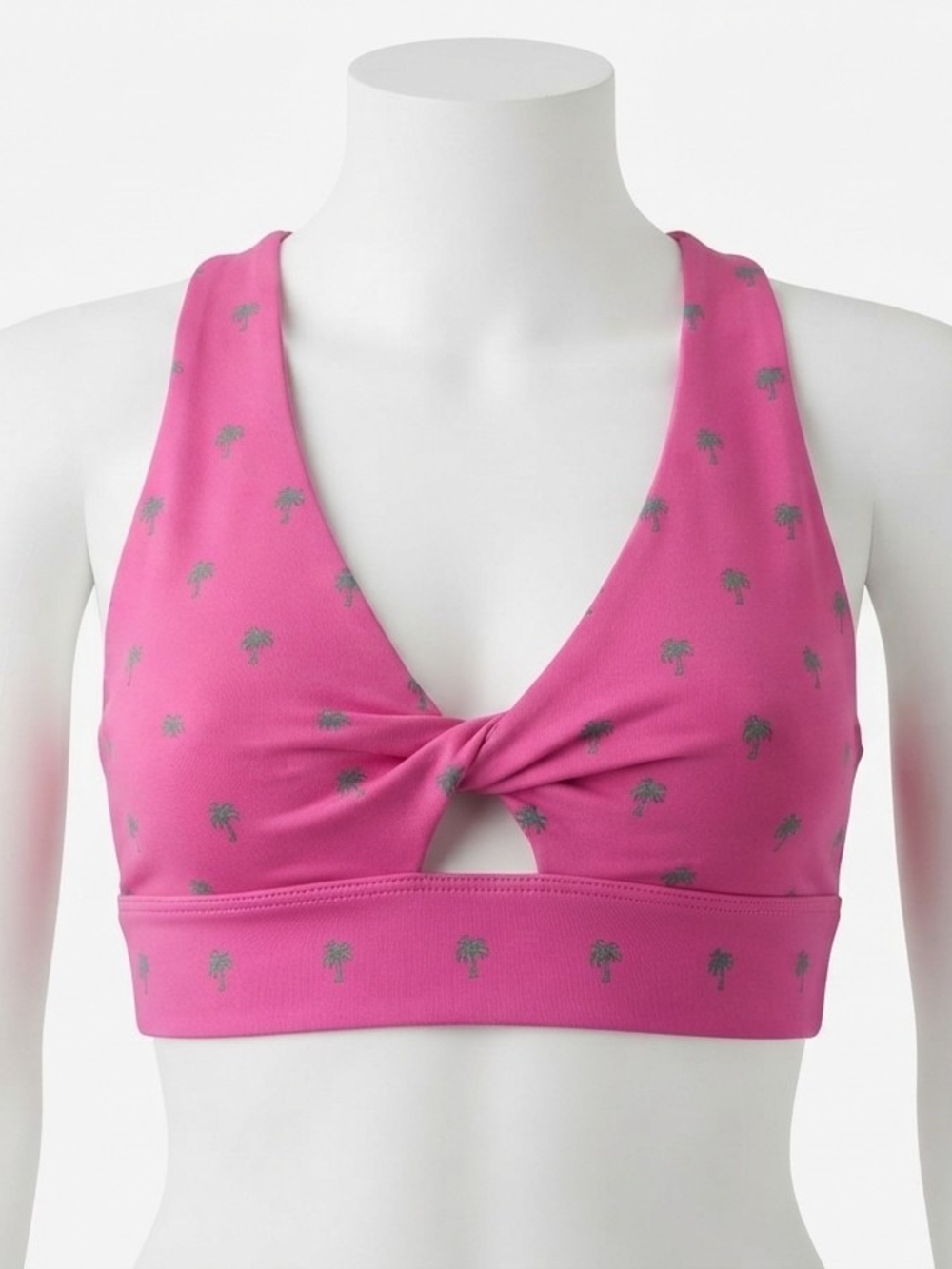 Pink Twist-Front Palm Print Swim Top